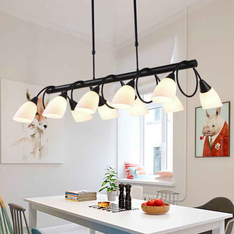 Linear Kitchen Pendant Light Fixture Modern White Glass 6/8/10 Lights Black Hanging Lamp Kit, Down/Up 10 Black Down Clearhalo 'Ceiling Lights' 'Glass shade' 'Glass' 'Island Lights' Lighting' 1207737