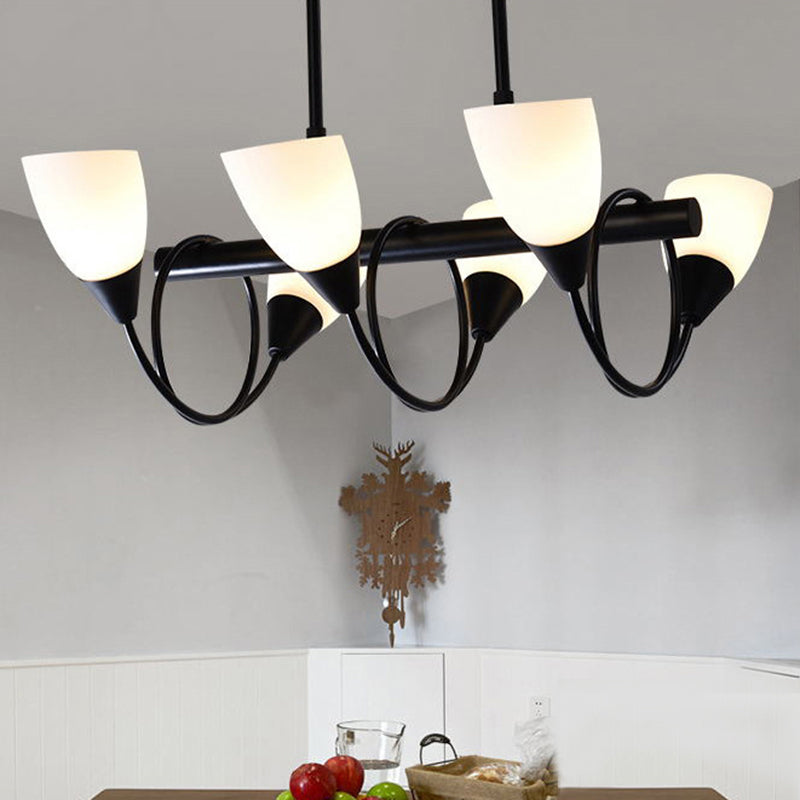 Linear Kitchen Pendant Light Fixture Modern White Glass 6/8/10 Lights Black Hanging Lamp Kit, Down/Up 6 Black Up Clearhalo 'Ceiling Lights' 'Glass shade' 'Glass' 'Island Lights' Lighting' 1207742