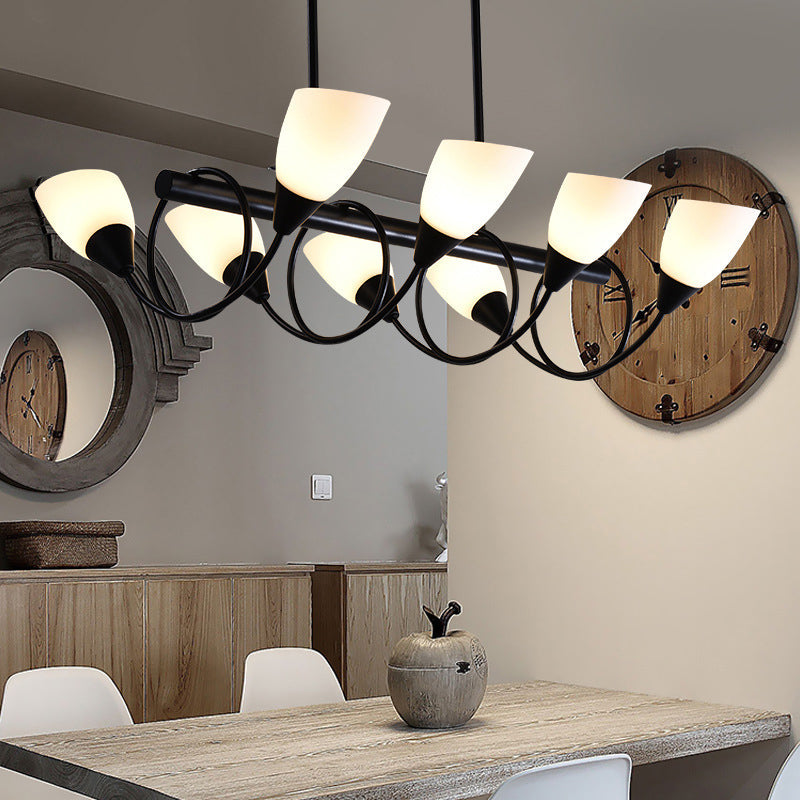 Linear Kitchen Pendant Light Fixture Modern White Glass 6/8/10 Lights Black Hanging Lamp Kit, Down/Up 8 Black Up Clearhalo 'Ceiling Lights' 'Glass shade' 'Glass' 'Island Lights' Lighting' 1207747