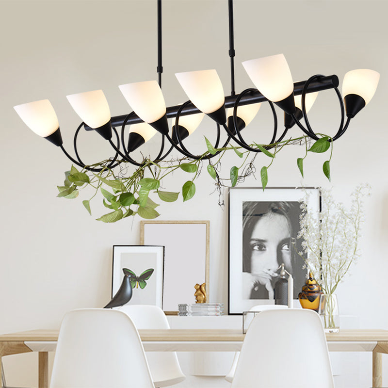 Linear Kitchen Pendant Light Fixture Modern White Glass 6/8/10 Lights Black Hanging Lamp Kit, Down/Up 10 Black Up Clearhalo 'Ceiling Lights' 'Glass shade' 'Glass' 'Island Lights' Lighting' 1207752