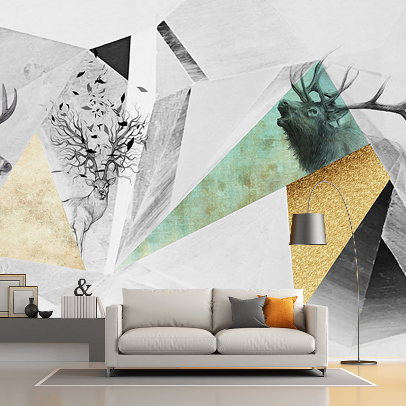 Nordic Geometric Deer Wall Murals Grey and Yellow Stain Resistant Wall Decor for Home Clearhalo 'Wall Decor' 'Wall Mural' 1209356