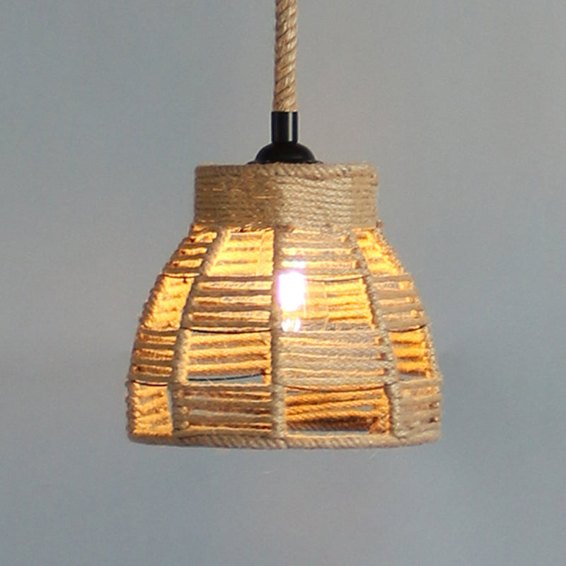 Beige Domed Pendant Lighting Vintage Industrial Natural Rope 1 Light Restaurant Hanging Lamp, 10"/14" Width Clearhalo 'Ceiling Lights' 'Industrial Pendants' 'Industrial' 'Middle Century Pendants' 'Pendant Lights' 'Pendants' 'Tiffany' Lighting' 1209722