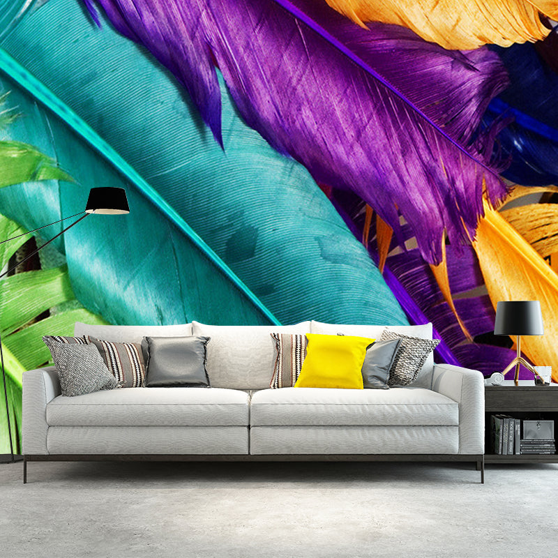 Illustration Feather Murals Extra Large Wall Covering for Home, Personalised Size Red-Yellow-Blue-Green C Clearhalo 'Wall Decor' 'Wall Mural' 1211459