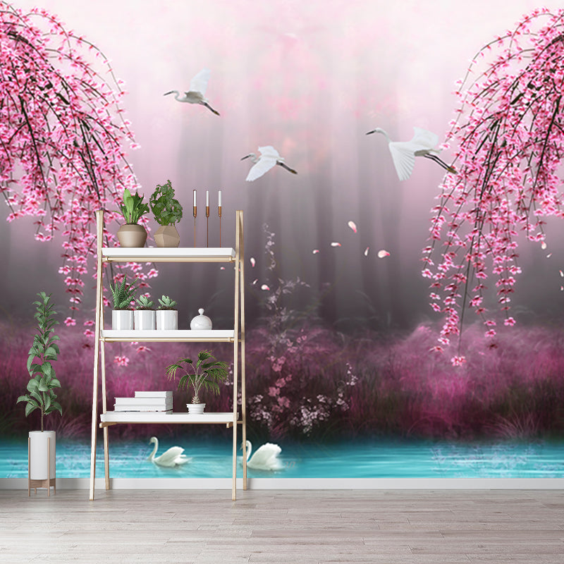 Beautiful Swan Lake Murals for Bedroom Cherry Blossom Wall Decor, Custom Size Available Clearhalo 'Wall Decor' 'Wall Mural' 1211650