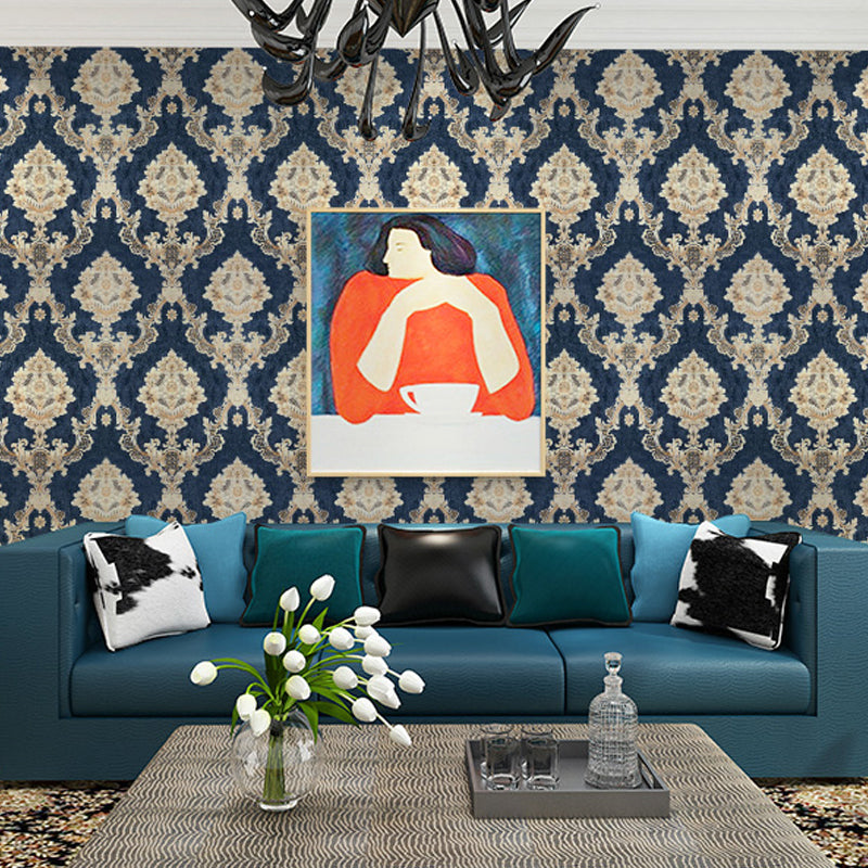 57.1-sq ft Retro Wallpaper Dark Color Damask Embroidered Wall Art, 33' L x 20.5" W Blue Clearhalo 'Vintage wall decor' 'Vintage' 'Wallpaper' Wall Decor' 1212372