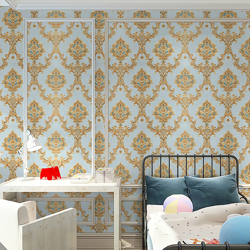 57.1-sq ft Retro Wallpaper Dark Color Damask Embroidered Wall Art, 33' L x 20.5" W Light Blue Clearhalo 'Vintage wall decor' 'Vintage' 'Wallpaper' Wall Decor' 1212382