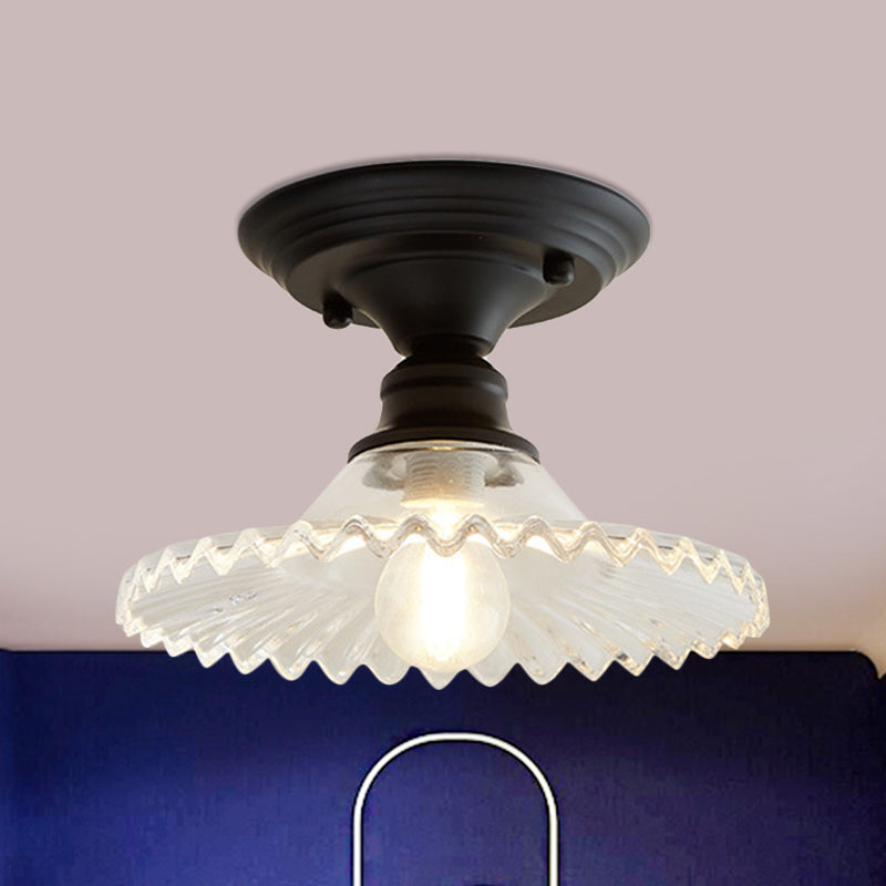 One Light Scalloped Semi Flush Light Industrial Clear/Green Ribbed Glass Lighting Fixture for Indoor Clear Clearhalo 'Ceiling Lights' 'Close To Ceiling Lights' 'Close to ceiling' 'Glass shade' 'Glass' 'Semi-flushmount' Lighting' 1212445