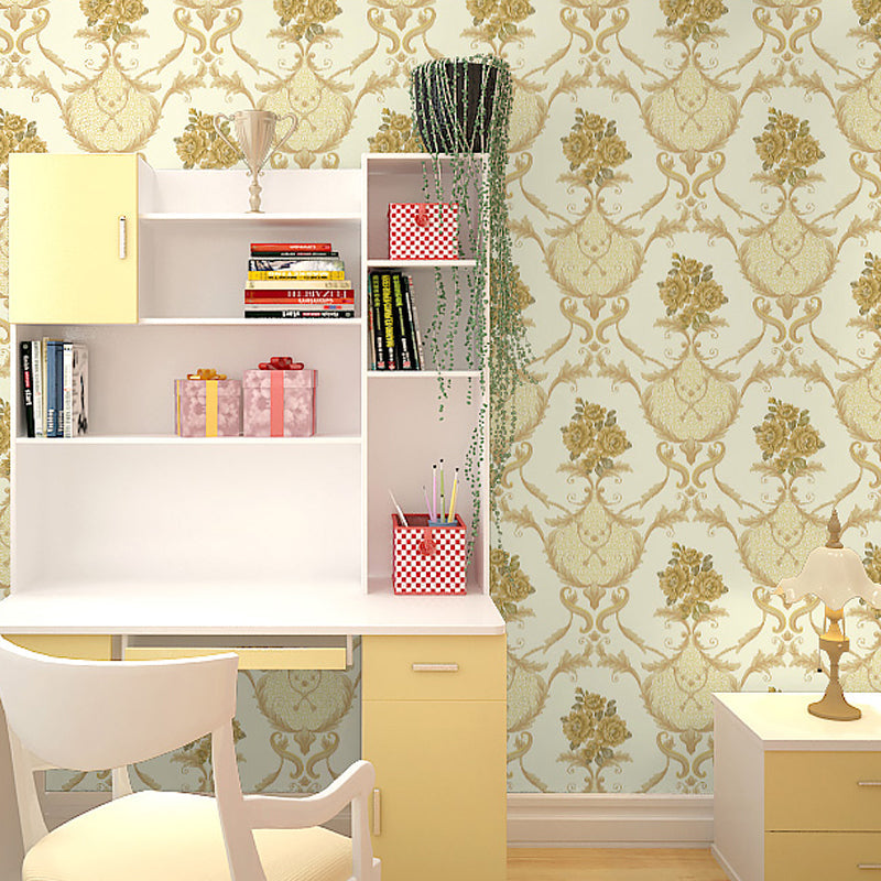 Washable Wallpaper Rural PVC Wall Covering with Blooming Peony Pattern, Unpasted Light Yellow Clearhalo 'Country wall decor' 'Rustic' 'Wallpaper' Wall Decor' 1212771