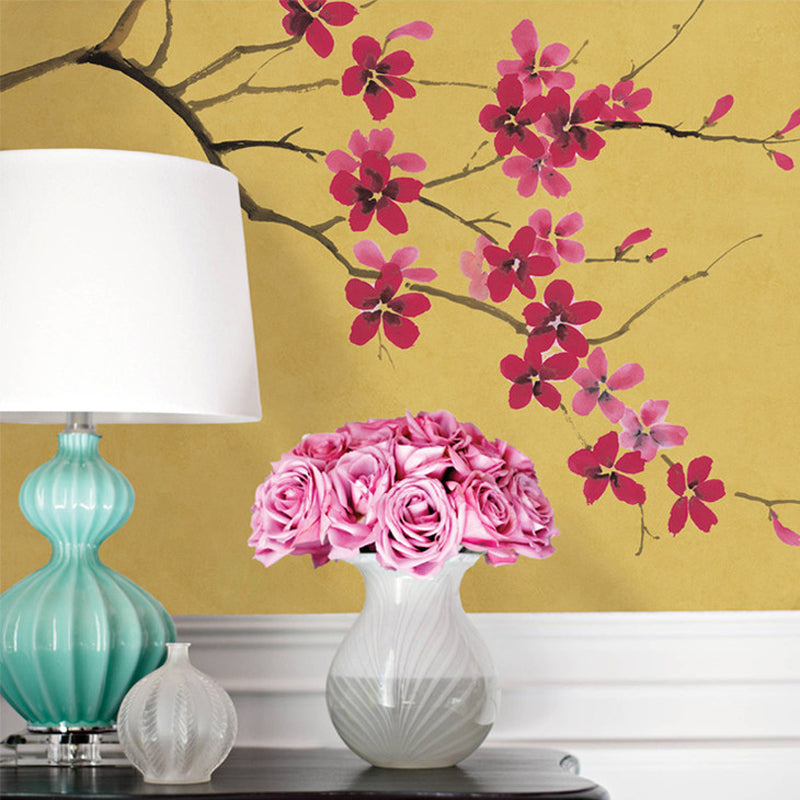 Enchanting Plum Branch Mural Decal Moisture Resistant Asian Bedroom Wall Art in Dark Color Yellow Clearhalo 'Wall Decor' 'Wall Mural' 1212849