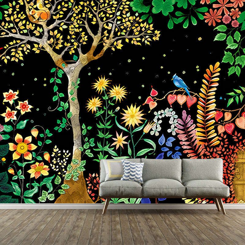 Moon Night Flower Bushes Mural Childrens Art Waterproof Kids Room Wall Covering, Custom-Printed Clearhalo 'Wall Decor' 'Wall Mural' 1213039