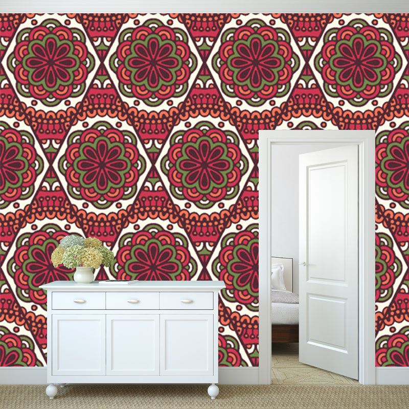 Red Flower Printed Wall Murals Stain Resistant Bohemia Bedroom Wall Covering, Non-Woven Clearhalo 'Wall Decor' 'Wall Mural' 1218349