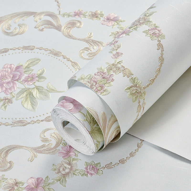 Rural Peony Blossom Wallpaper Roll Non-Woven Stain Resistant Light-Color Wall Art for Bedroom Light Blue Clearhalo 'Country wall decor' 'Rustic' 'Wallpaper' Wall Decor' 1219116