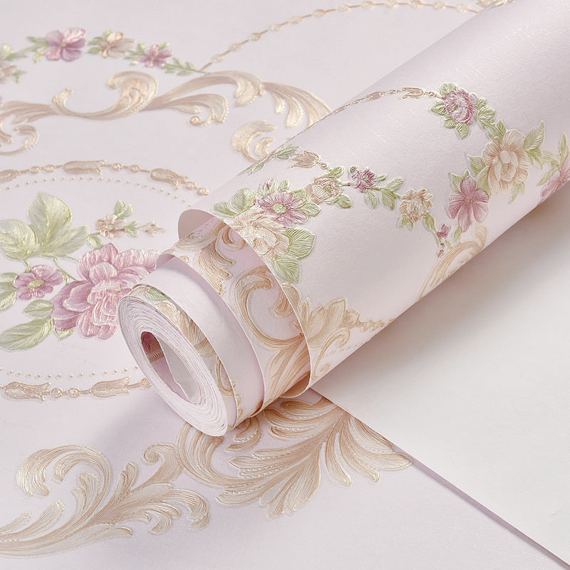Rural Peony Blossom Wallpaper Roll Non-Woven Stain Resistant Light-Color Wall Art for Bedroom Light Pink Clearhalo 'Country wall decor' 'Rustic' 'Wallpaper' Wall Decor' 1219119