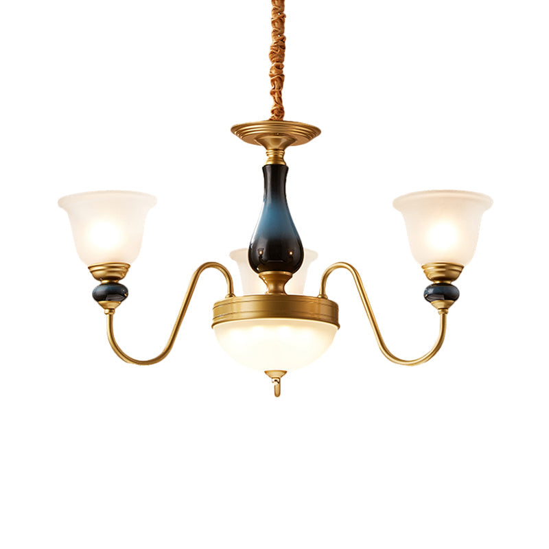 3/5/6 Lights Floral Shade Pendant Chandelier Countryside Style Brass Cream Glass Suspension Lamp Clearhalo 'Ceiling Lights' 'Chandeliers' Lighting' options 1220544