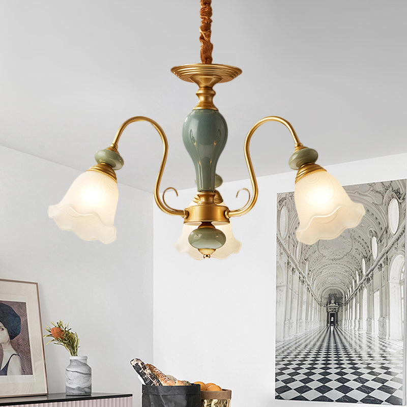 Green Flower Shaped Pendulum Light Rural Frosted Glass 3/5/6 Bulbs Guest Room Chandelier Lighting Fixture Clearhalo 'Ceiling Lights' 'Chandeliers' Lighting' options 1220557