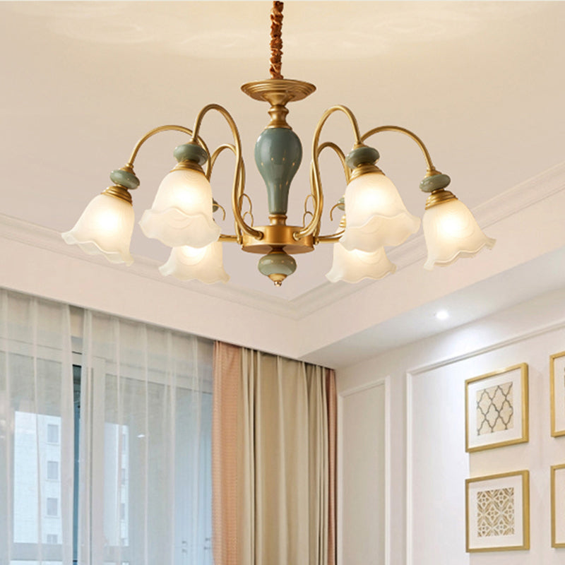 Green Flower Shaped Pendulum Light Rural Frosted Glass 3/5/6 Bulbs Guest Room Chandelier Lighting Fixture Clearhalo 'Ceiling Lights' 'Chandeliers' Lighting' options 1220566