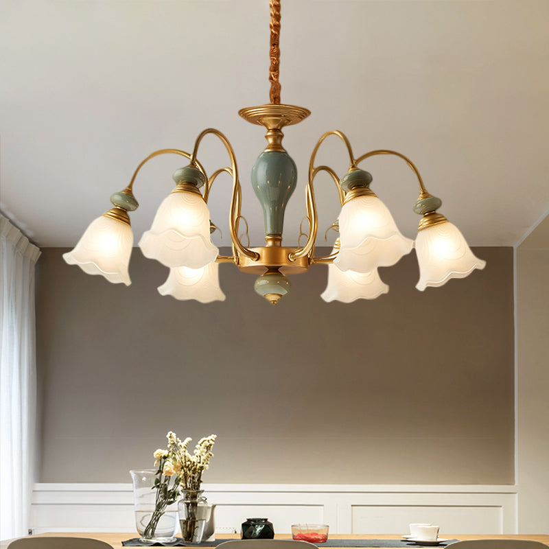 Green Flower Shaped Pendulum Light Rural Frosted Glass 3/5/6 Bulbs Guest Room Chandelier Lighting Fixture Clearhalo 'Ceiling Lights' 'Chandeliers' Lighting' options 1220568