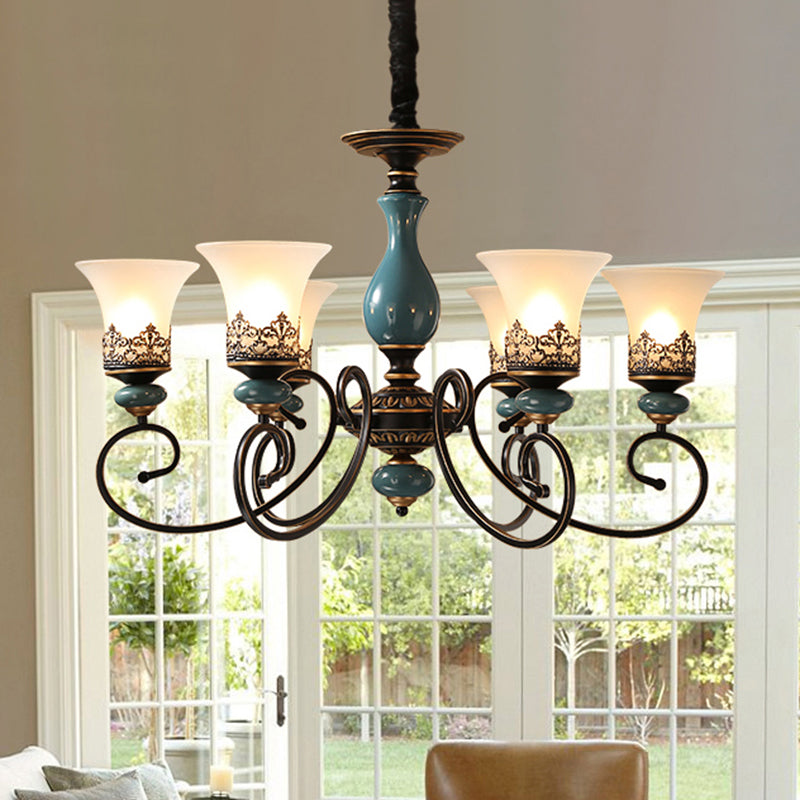 Rustic Style Bell Shade Hanging Pendant Light Milky Glass 3/5/6-Head Chandelier Lighting in Blue 6 Blue Clearhalo 'Ceiling Lights' 'Chandeliers' Lighting' options 1220580_ca13f4a0-57fd-4b7e-8678-daa31d570882