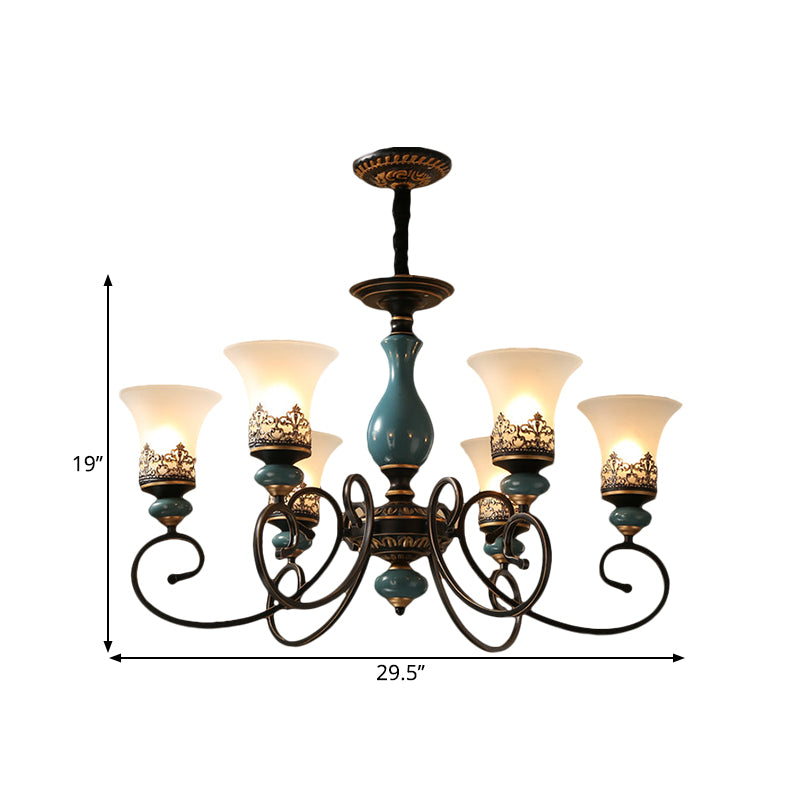 Rustic Style Bell Shade Hanging Pendant Light Milky Glass 3/5/6-Head Chandelier Lighting in Blue Clearhalo 'Ceiling Lights' 'Chandeliers' Lighting' options 1220584