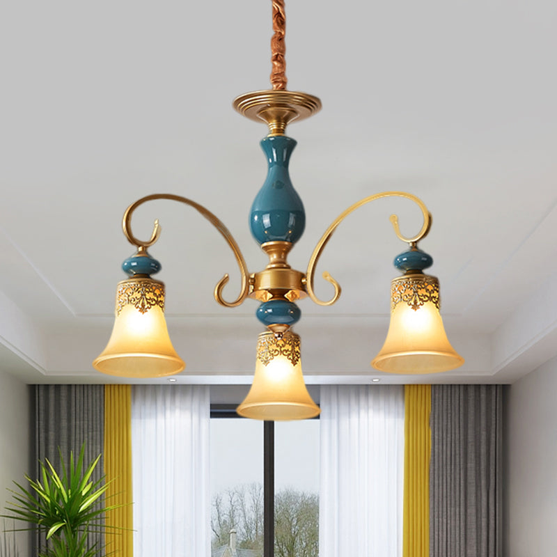 3/5/6-Bulb Suspension Pendant Light Countryside Swooping Arm Metal Chandelier in Brass with Bell Milk Glass Shade Clearhalo 'Ceiling Lights' 'Chandeliers' Lighting' options 1220586