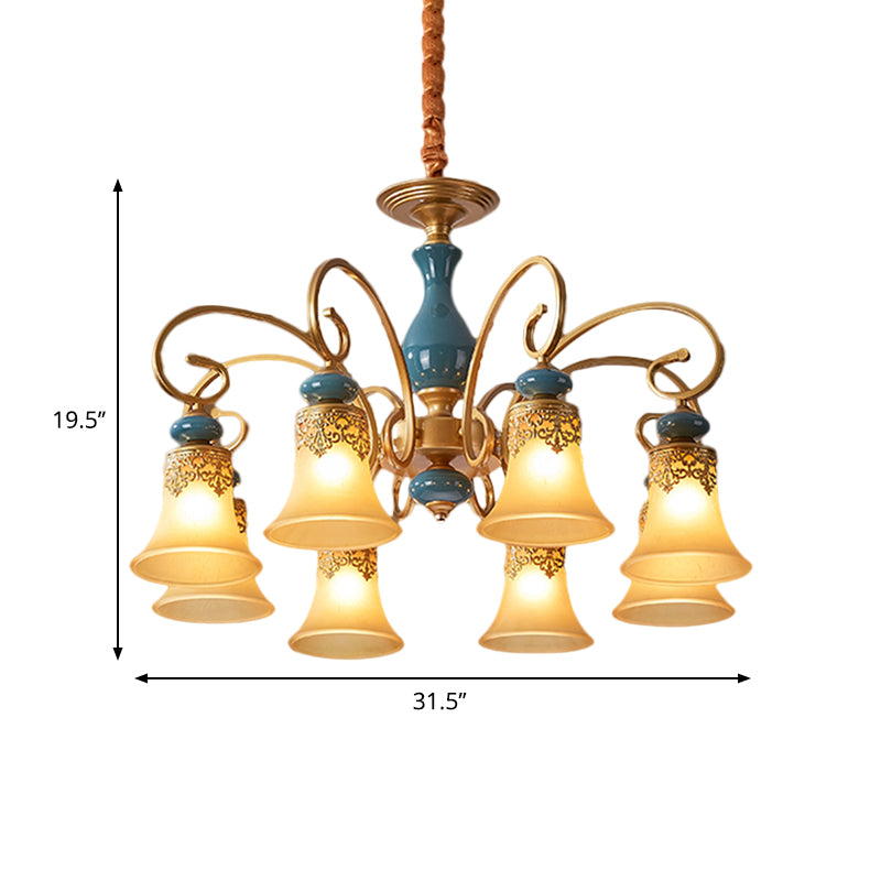 3/5/6-Bulb Suspension Pendant Light Countryside Swooping Arm Metal Chandelier in Brass with Bell Milk Glass Shade Clearhalo 'Ceiling Lights' 'Chandeliers' Lighting' options 1220603