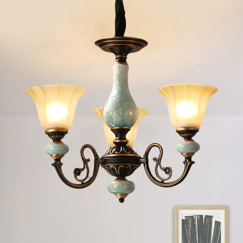 Black-Gold Curvy Armed Pendant Chandelier Rural Style Metallic 3/5/6 Lights Living Room Ceiling Light with Blossom Shade 3 Black-Gold Clearhalo 'Ceiling Lights' 'Chandeliers' Lighting' options 1220604_09e0cdc6-06e6-4c5a-8ec8-3696f2cca119