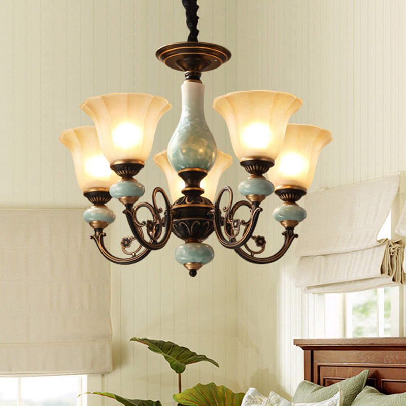 Black-Gold Curvy Armed Pendant Chandelier Rural Style Metallic 3/5/6 Lights Living Room Ceiling Light with Blossom Shade Clearhalo 'Ceiling Lights' 'Chandeliers' Lighting' options 1220608