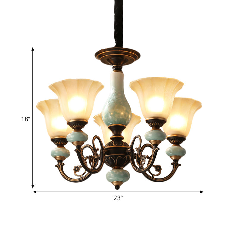 Black-Gold Curvy Armed Pendant Chandelier Rural Style Metallic 3/5/6 Lights Living Room Ceiling Light with Blossom Shade Clearhalo 'Ceiling Lights' 'Chandeliers' Lighting' options 1220612