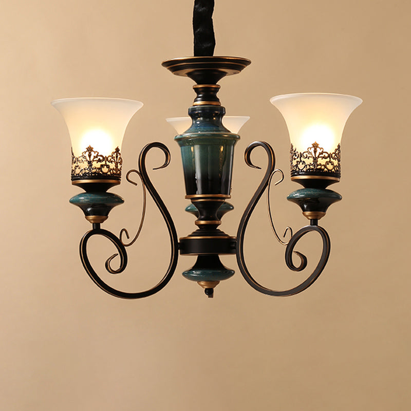 3/5/6-Bulb Chandelier Light Fixture with Bell Shade Opal Glass Rural Guest Room Suspension Pendant in Black-Gold Clearhalo 'Ceiling Lights' 'Chandeliers' Lighting' options 1220625