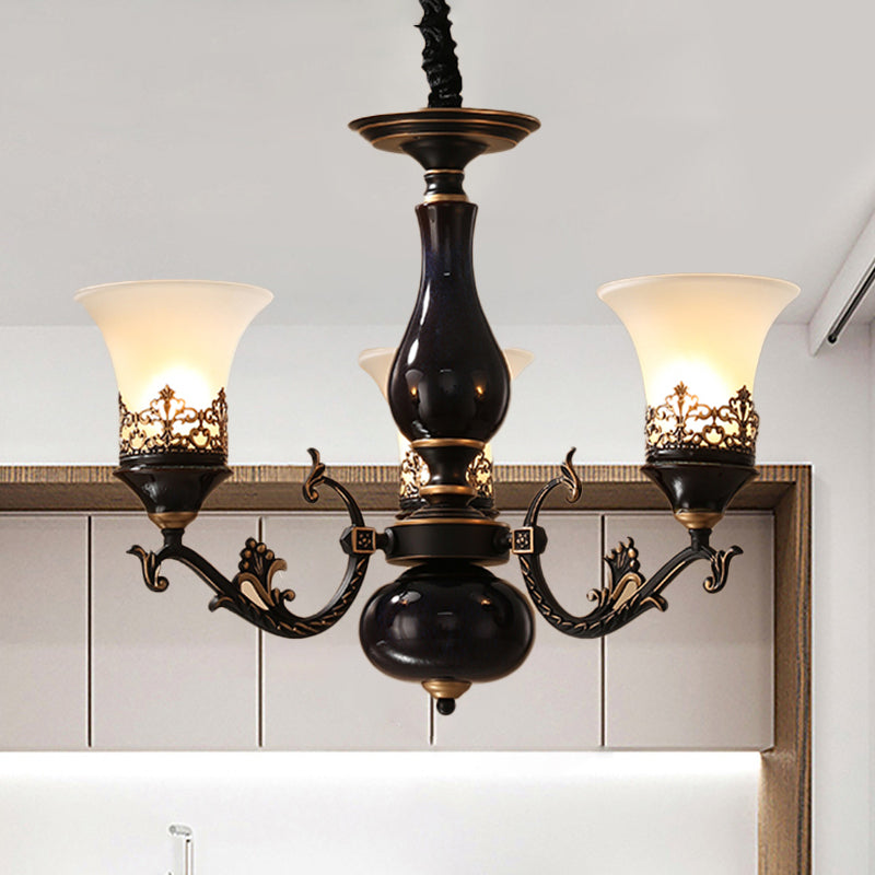Black Bell Shaped Ceiling Suspension Lamp Countryside Frosted Glass 3/5/6 Heads Living Room Chandelier Lighting Clearhalo 'Ceiling Lights' 'Chandeliers' Lighting' options 1220637