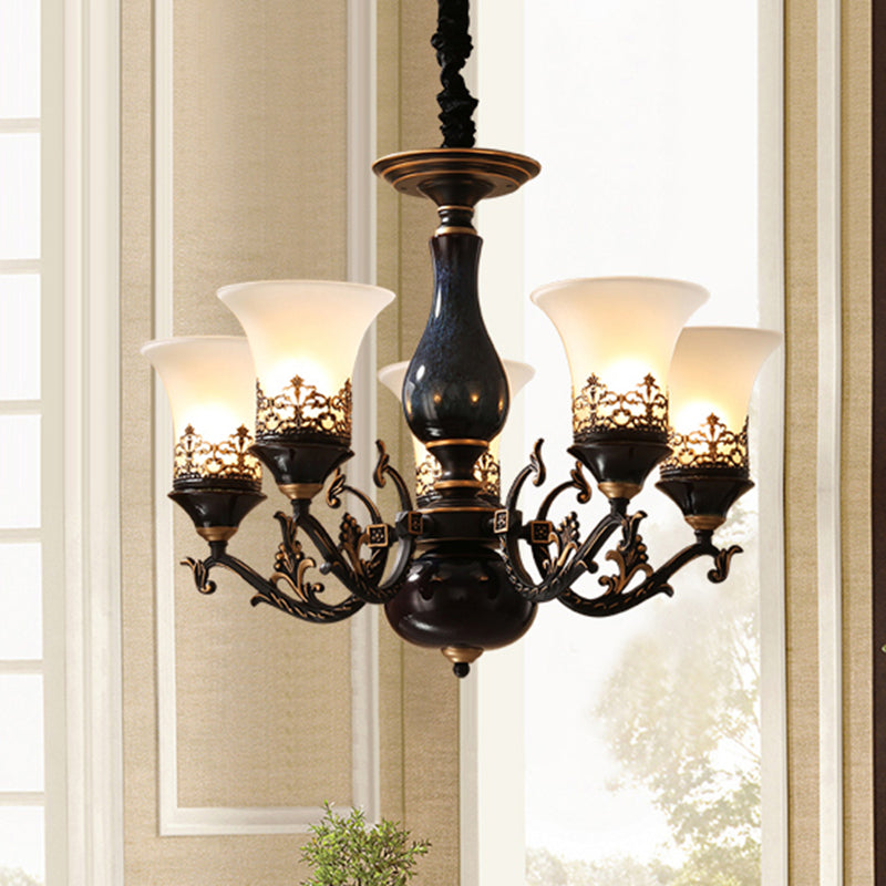 Black Bell Shaped Ceiling Suspension Lamp Countryside Frosted Glass 3/5/6 Heads Living Room Chandelier Lighting 5 Black Clearhalo 'Ceiling Lights' 'Chandeliers' Lighting' options 1220641_4457dc8d-cd07-4463-a248-afe268a91d84