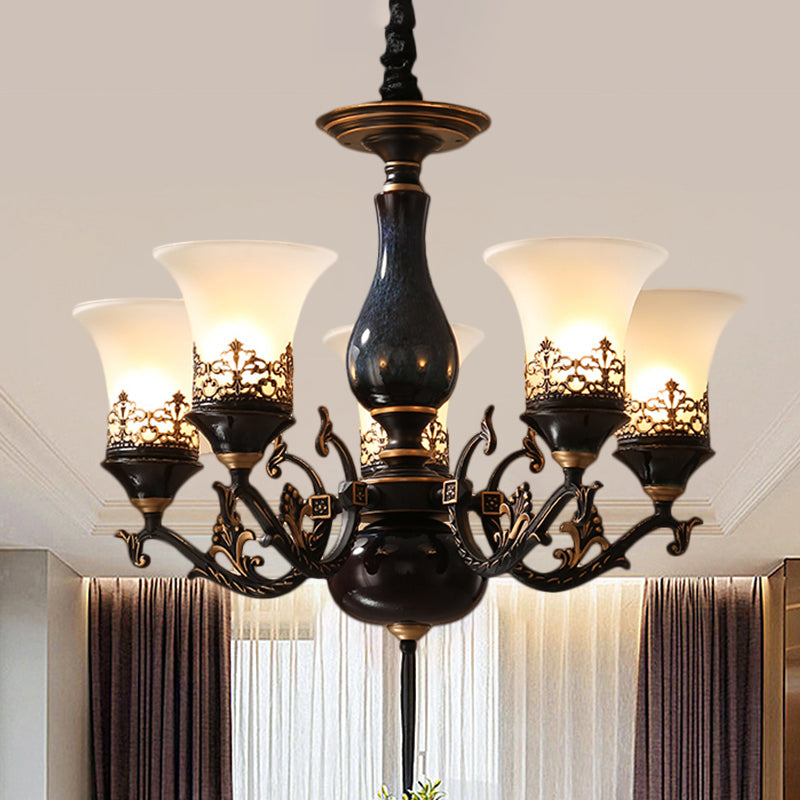 Black Bell Shaped Ceiling Suspension Lamp Countryside Frosted Glass 3/5/6 Heads Living Room Chandelier Lighting Clearhalo 'Ceiling Lights' 'Chandeliers' Lighting' options 1220642