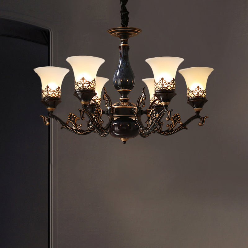 Black Bell Shaped Ceiling Suspension Lamp Countryside Frosted Glass 3/5/6 Heads Living Room Chandelier Lighting Clearhalo 'Ceiling Lights' 'Chandeliers' Lighting' options 1220648
