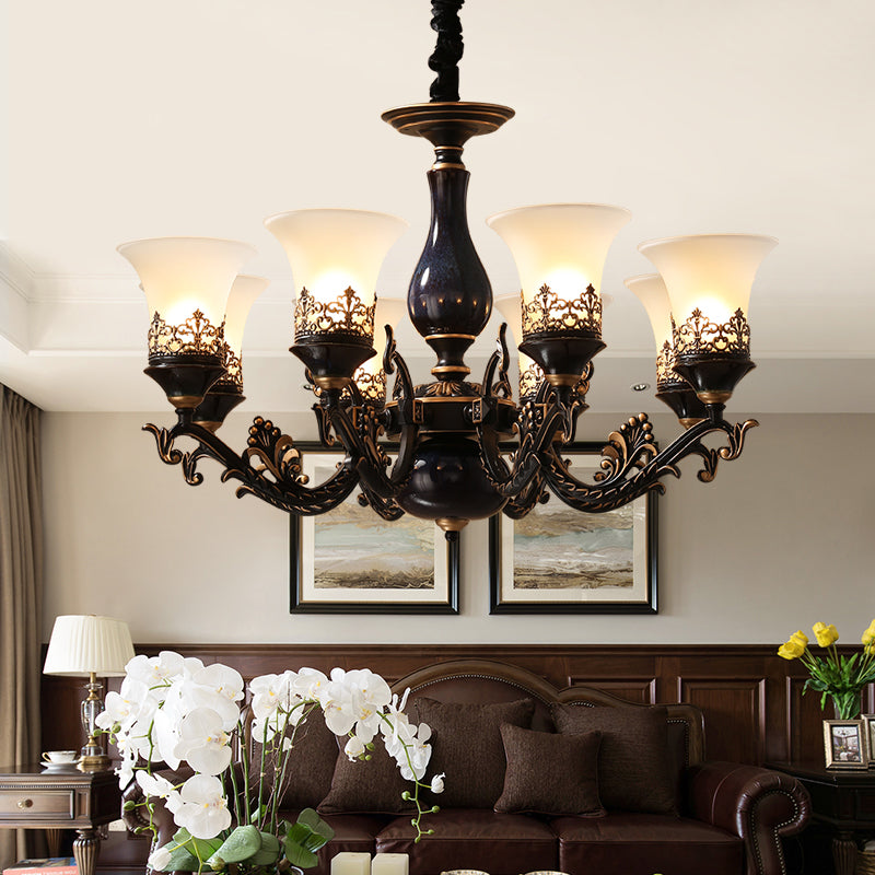 Black Bell Shaped Ceiling Suspension Lamp Countryside Frosted Glass 3/5/6 Heads Living Room Chandelier Lighting 8 Black Clearhalo 'Ceiling Lights' 'Chandeliers' Lighting' options 1220651_b959c6eb-402c-4ba3-8698-e9db510883fe
