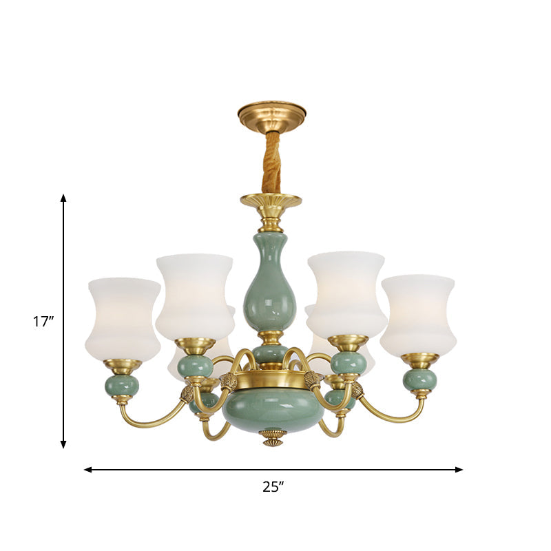 6/8 Bulbs Metallic Chandelier Light Vintage Gold Swooping Arm Guest Room Ceiling Suspension Lamp with Opal Glass Shade Clearhalo 'Ceiling Lights' 'Chandeliers' Lighting' options 1220751