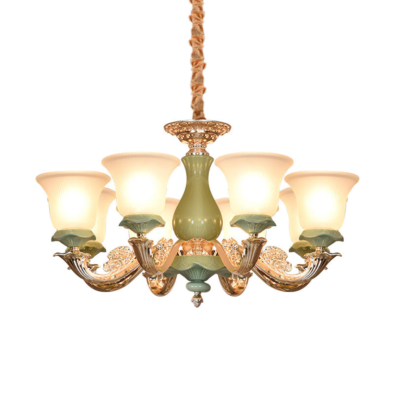 8/12 Lights Flared Shade Suspension Pendant Traditional Style Green Opal Glass Chandelier Lighting Clearhalo 'Ceiling Lights' 'Chandeliers' Lighting' options 1220794