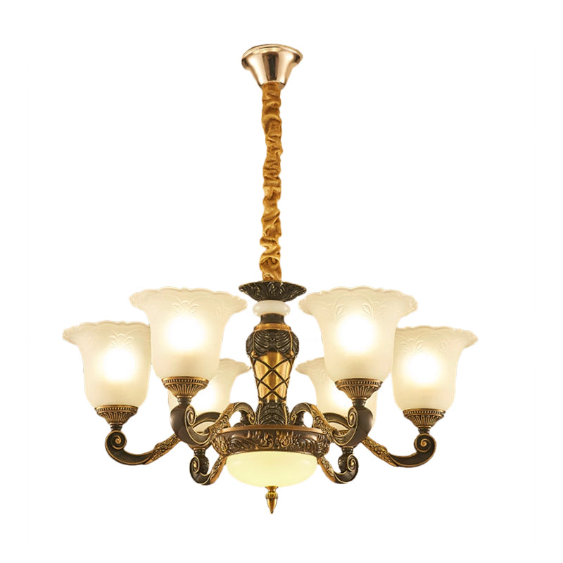 Blossom Frosted Glass Pendant Chandelier Vintage Style 6/8 Bulbs Guest Room Suspended Lighting Fixture in Black-Gold Clearhalo 'Ceiling Lights' 'Chandeliers' Lighting' options 1220804