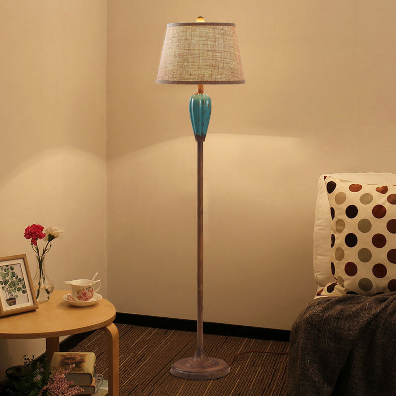 Red/Blue Urn Shape Standing Light Retro Style Porcelain 1 Head Guest Room Floor Lamp with Tapered Fabric Shade Clearhalo 'Floor Lamps' 'Lamps' Lighting' 1221336