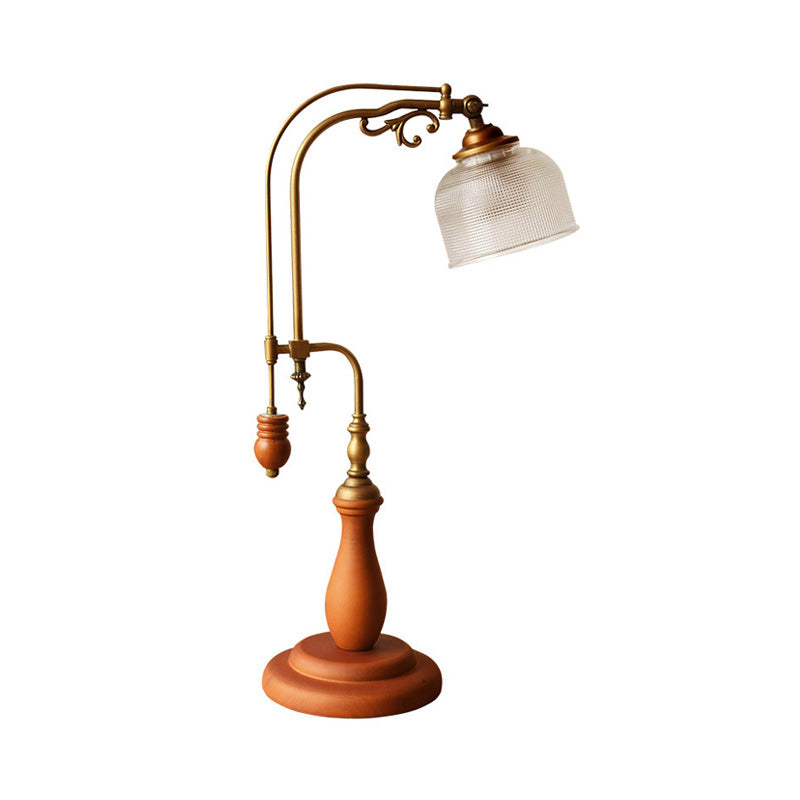 Curvy Metallic Table Light Antiqued Style 1 Bulb Bedside Nightstand Lamp in Red Brown/Yellow Brown/Wood with Cylindrical Clear Glass Shade Clearhalo 'Lamps' 'Table Lamps' Lighting' 1221363