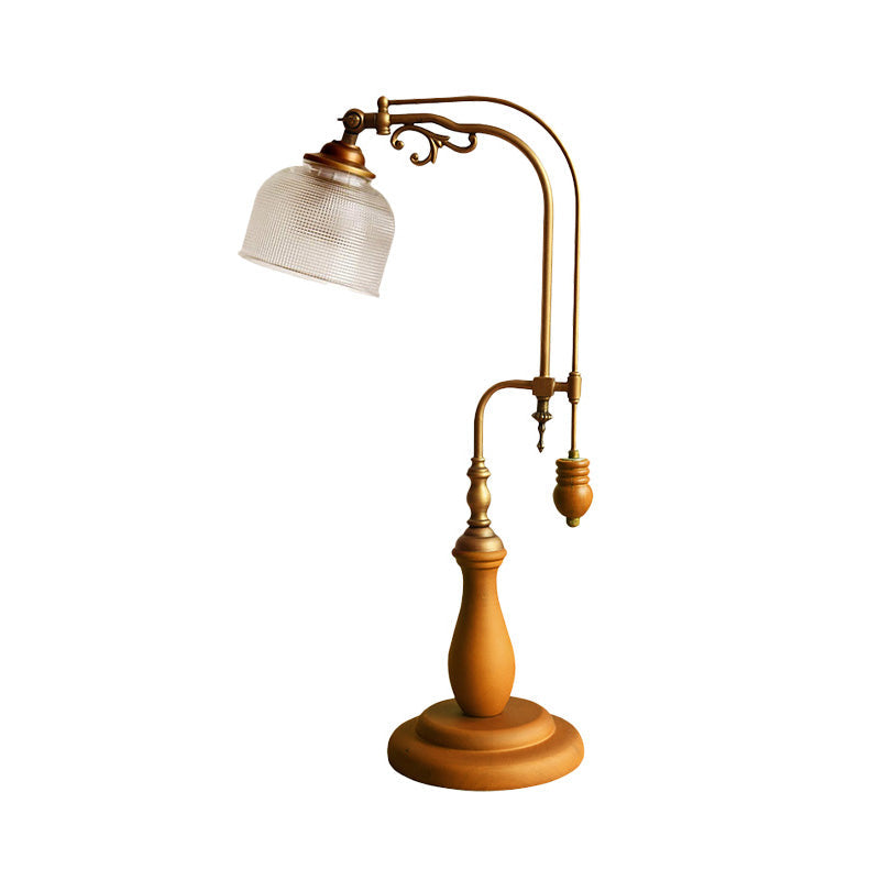 Curvy Metallic Table Light Antiqued Style 1 Bulb Bedside Nightstand Lamp in Red Brown/Yellow Brown/Wood with Cylindrical Clear Glass Shade Clearhalo 'Lamps' 'Table Lamps' Lighting' 1221368