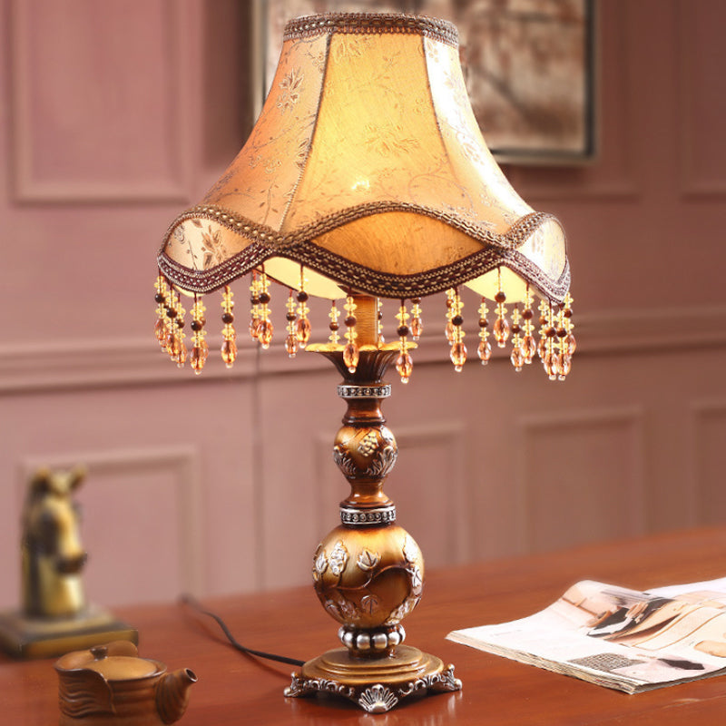 13"/18" W Brown Tapered Shade Table Lamp Traditional Fabric 1-Head Living Room Desk Light with Leaf Design Brown Clearhalo 'Lamps' 'Table Lamps' Lighting' 1222759