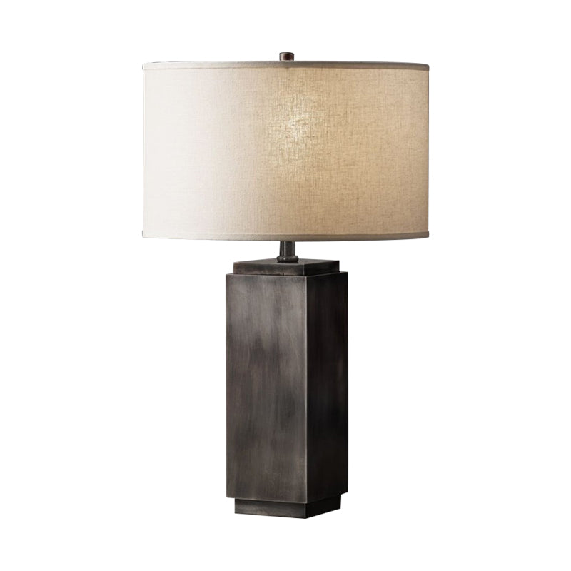 1-Light Wood Night Table Lamp Vintage Grey/Brown Cuboid Shaped Base Living Room Desk Light with Drum Fabric Shade Clearhalo 'Lamps' 'Table Lamps' Lighting' 1222822