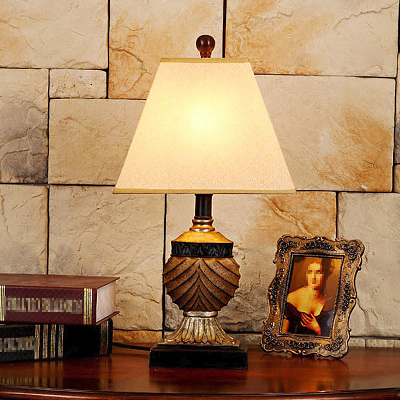 Urn-Shaped Base Table Lamp Countryside 1 Head Resin Nightstand Lamp in Brown with Conical Fabric Shade Brown Clearhalo 'Lamps' 'Table Lamps' Lighting' 1222857