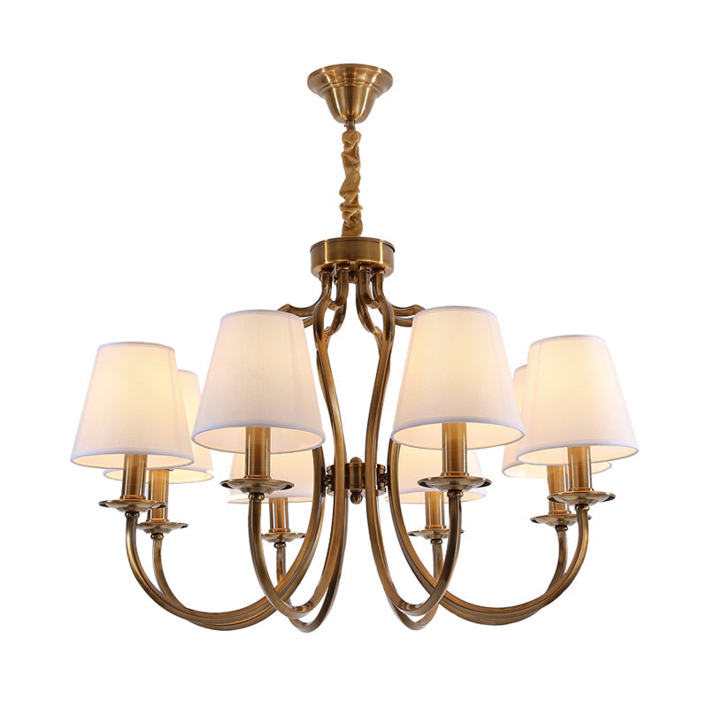 6/8 Heads Metal Pendant Chandelier Traditional Brass Swooping Arm Guest Room Lighting Fixture with Tapered Fabric Shade Clearhalo 'Ceiling Lights' 'Chandeliers' Lighting' options 1222971