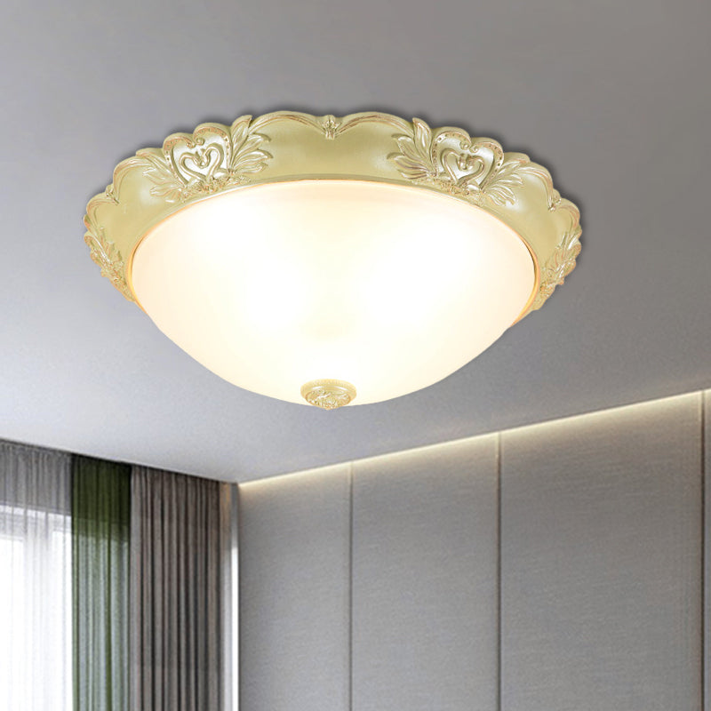 Beige 1 Bulb Flush Mount Recessed Lighting Retro Cream Glass Domed Light Fixture, 12"/15"/19" Width Clearhalo 'Ceiling Lights' 'Close To Ceiling Lights' 'Close to ceiling' 'Flush mount' Lighting' 1223711