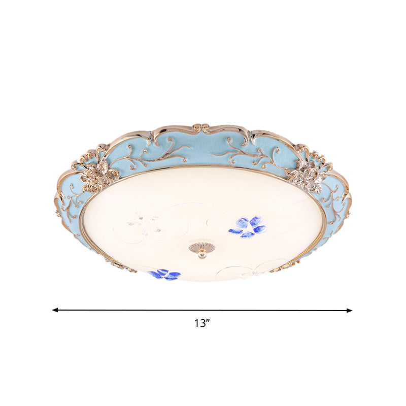 13"/16"/19.5" Wide LED Flush Mount Light with Floral Shade Opaque Glass Vintage Bedroom Ceiling Lighting in Light Blue, Warm/White Light Clearhalo 'Ceiling Lights' 'Close To Ceiling Lights' 'Close to ceiling' 'Flush mount' Lighting' 1223924