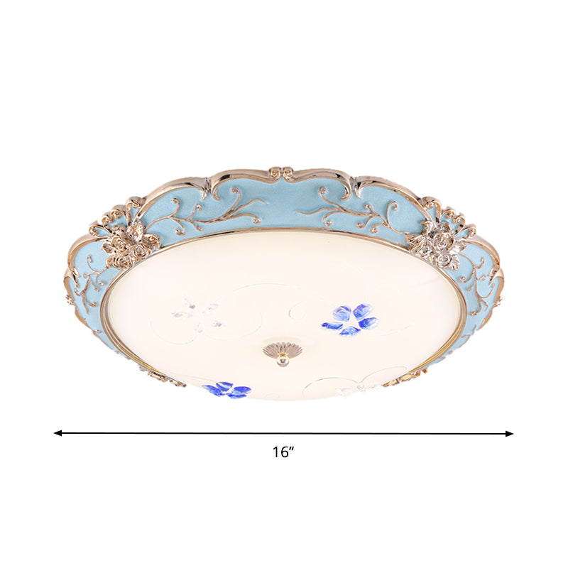 13"/16"/19.5" Wide LED Flush Mount Light with Floral Shade Opaque Glass Vintage Bedroom Ceiling Lighting in Light Blue, Warm/White Light Clearhalo 'Ceiling Lights' 'Close To Ceiling Lights' 'Close to ceiling' 'Flush mount' Lighting' 1223925