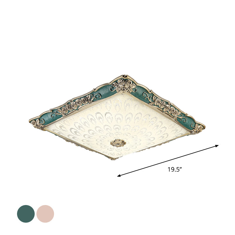 Pink/Green Square Shaped Flush Mount Light Antique Opaque Glass LED Bedroom Close to Ceiling Lamp Clearhalo 'Ceiling Lights' 'Close To Ceiling Lights' 'Close to ceiling' 'Flush mount' Lighting' 1223990