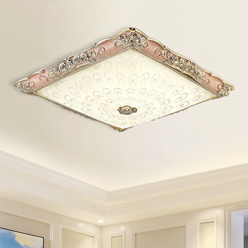 Pink/Green Square Shaped Flush Mount Light Antique Opaque Glass LED Bedroom Close to Ceiling Lamp Pink Clearhalo 'Ceiling Lights' 'Close To Ceiling Lights' 'Close to ceiling' 'Flush mount' Lighting' 1223991