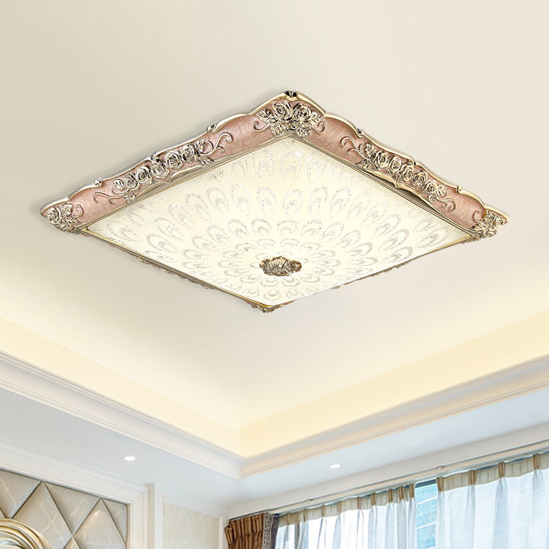 Pink/Green Square Shaped Flush Mount Light Antique Opaque Glass LED Bedroom Close to Ceiling Lamp Clearhalo 'Ceiling Lights' 'Close To Ceiling Lights' 'Close to ceiling' 'Flush mount' Lighting' 1223992